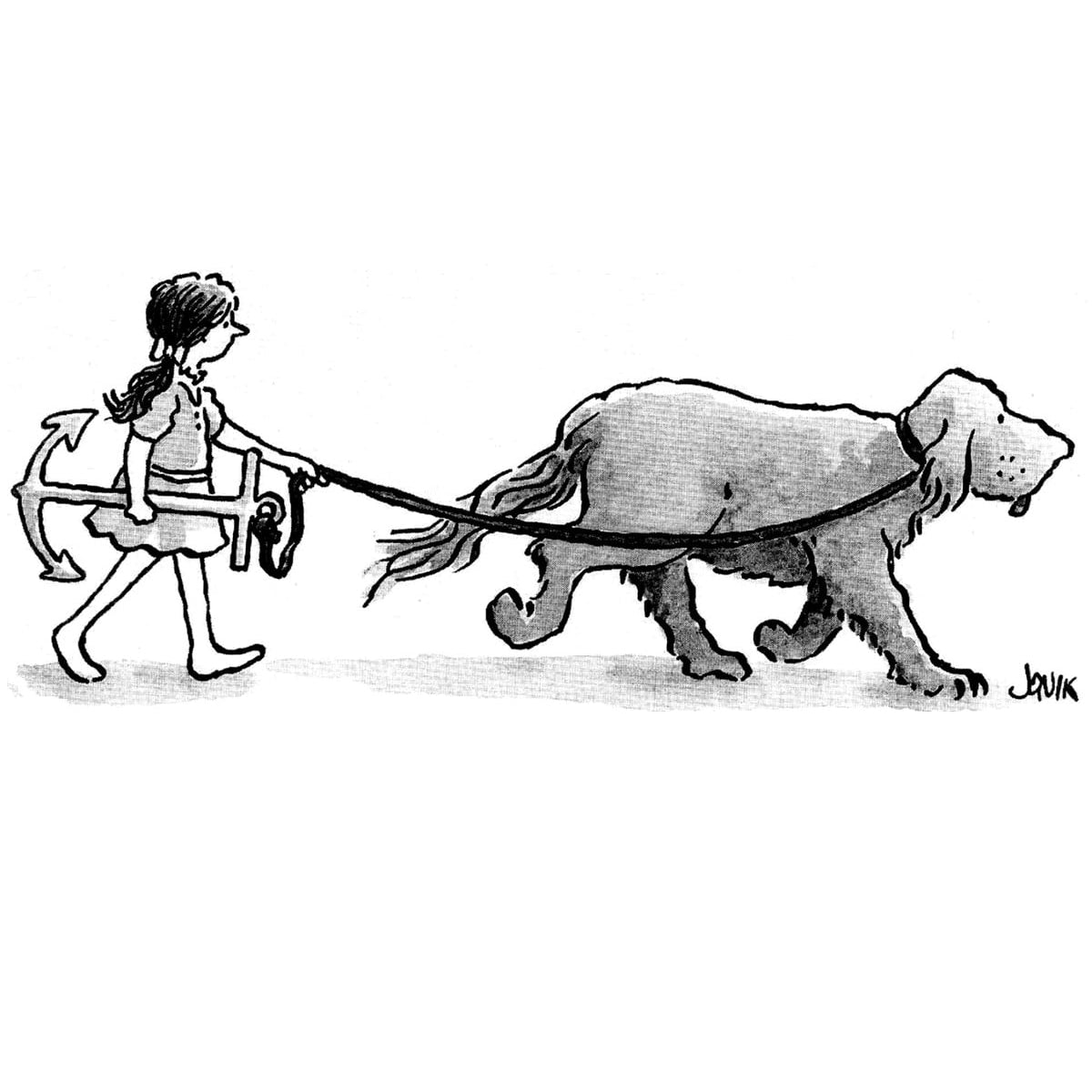 Cartoon of a girl holding an anchor as a dog leash while walking a large dog