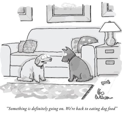 Black and white cartoon of two dogs sitting on a rug in a living room with a couch, lamp, and bones, caption about eating dog food