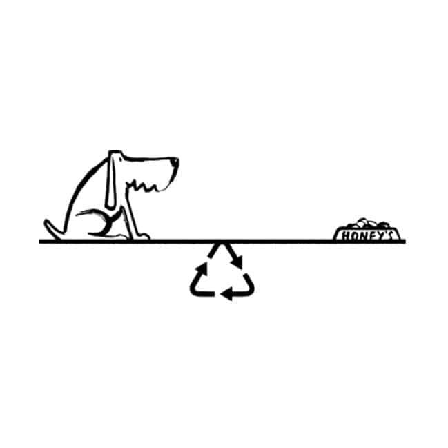 Black and white cartoon of a dog and a honey bowl balanced on a seesaw with a recycling symbol fulcrum.