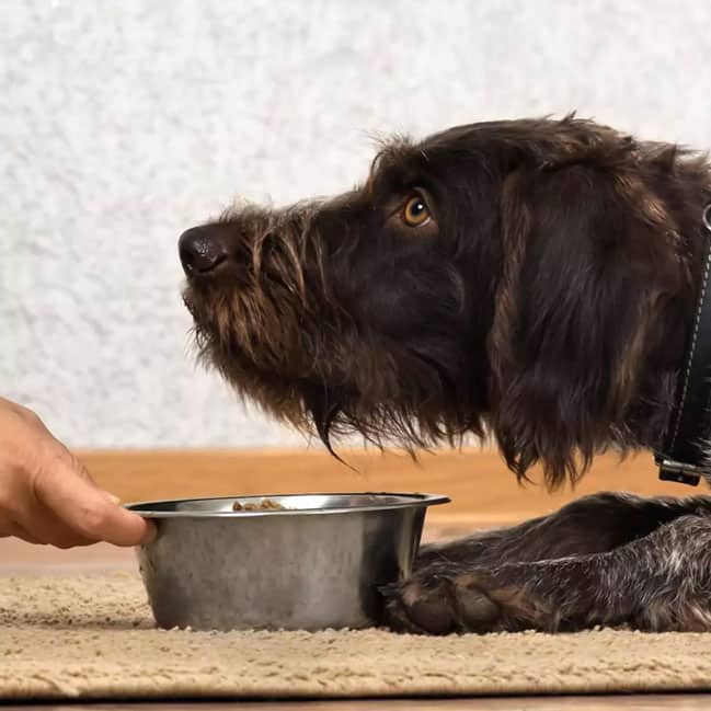 Brown wirehaired dog resting head near stainless steel food bowl on carpet indoors
