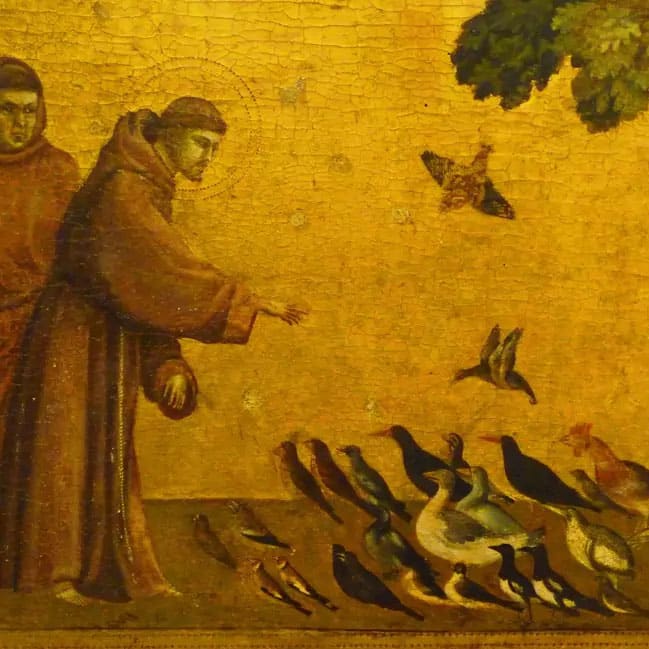 Ancient religious painting of a monk feeding birds, surrounded by pigeons and ducks, sepia tones