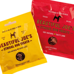 Beautiful Joe's ethical dog treats packets in yellow and red with natural lamb and liver flavors